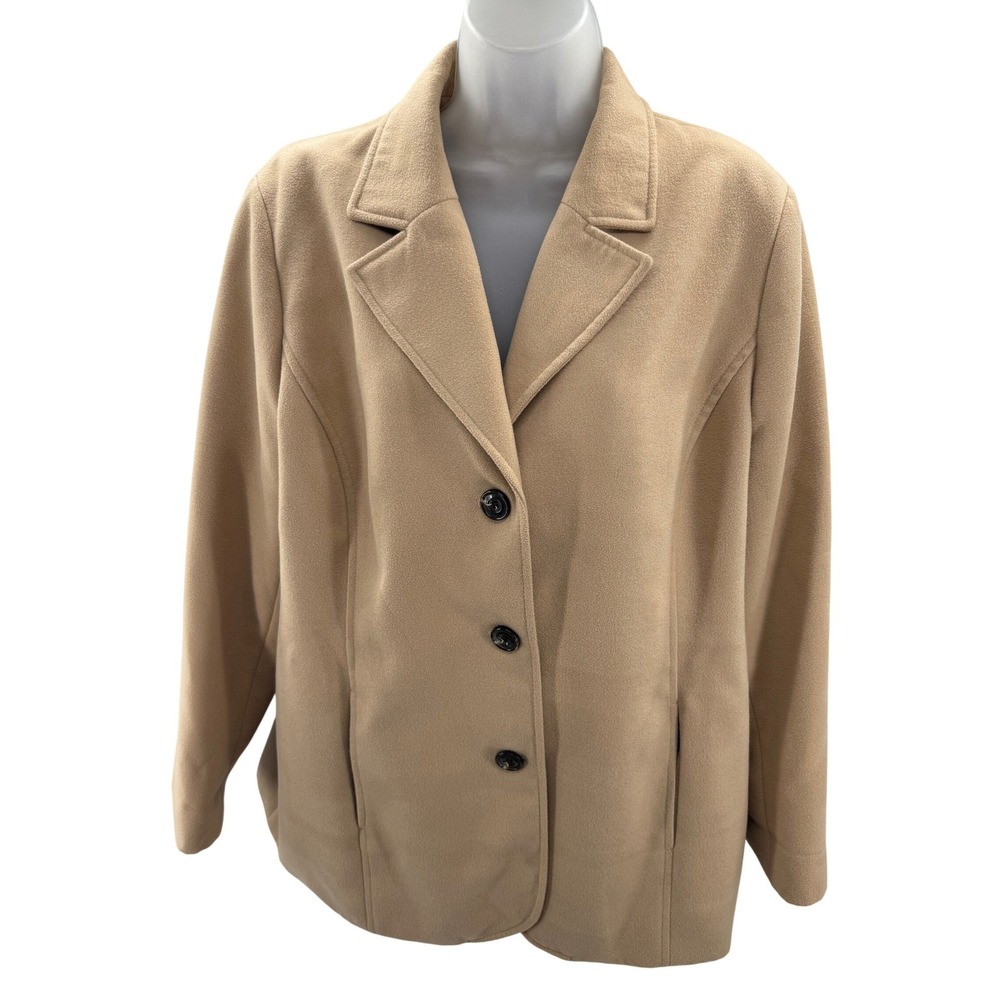 Chicos Tan Camel Fleece Blazer Womens Jacket 3 Button Pea Coat Size 3 XL
